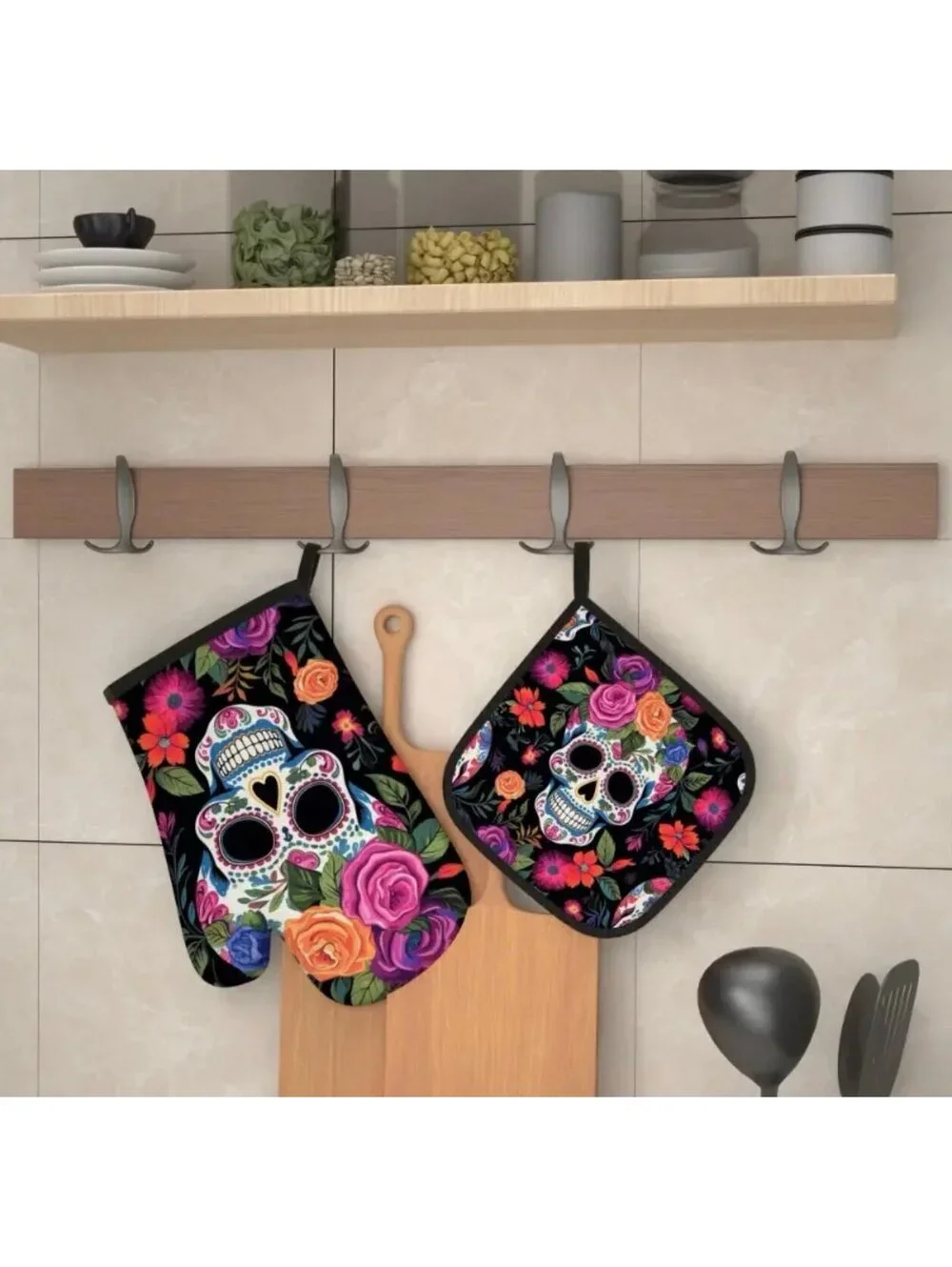 New - 2pcs Floral Skull - Oven Mitts and Pot Holders Set